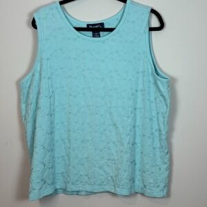 Denim & Co. Womens Baby Blue Floral Embroidered Cotton Sleeveless Blouse Size XL